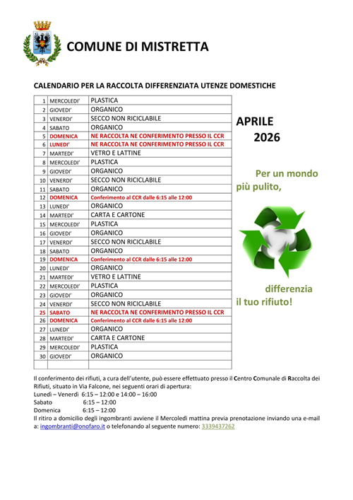 Calendario per la raccolta differenziata utenze domestiche - mese di Aprile 2026