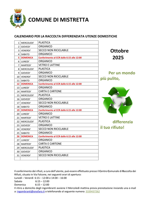 Calendario per la raccolta differenziata utenze domestiche  -  mese di Ottobre 2025