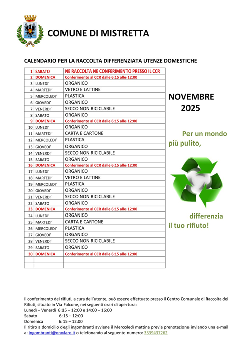 Calendario per la raccolta differenziata utenze domestiche  -  mese di Novembre 2025