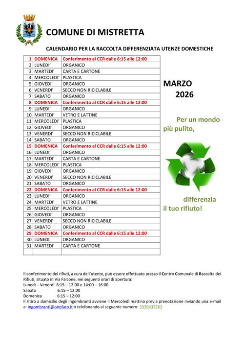 Calendario per la raccolta differenziata utenze domestiche  - mese di Marzo 2026