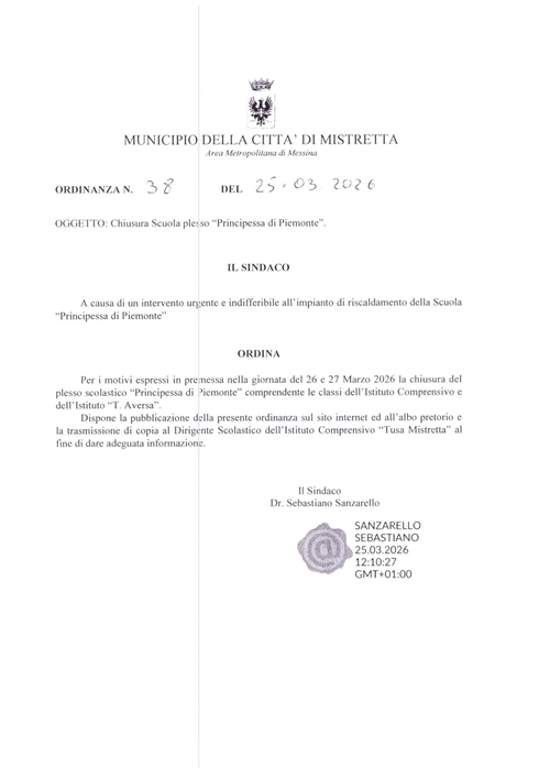 Chiusura Scuola plesso "Principessa di Piemonte"