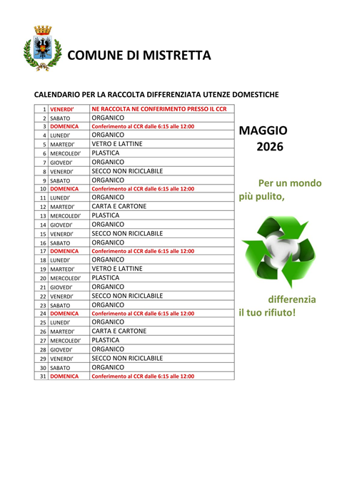 Calendario per la raccolta differenziata utenze domestiche  -  Dal mese di Maggio a Dicembre 2026