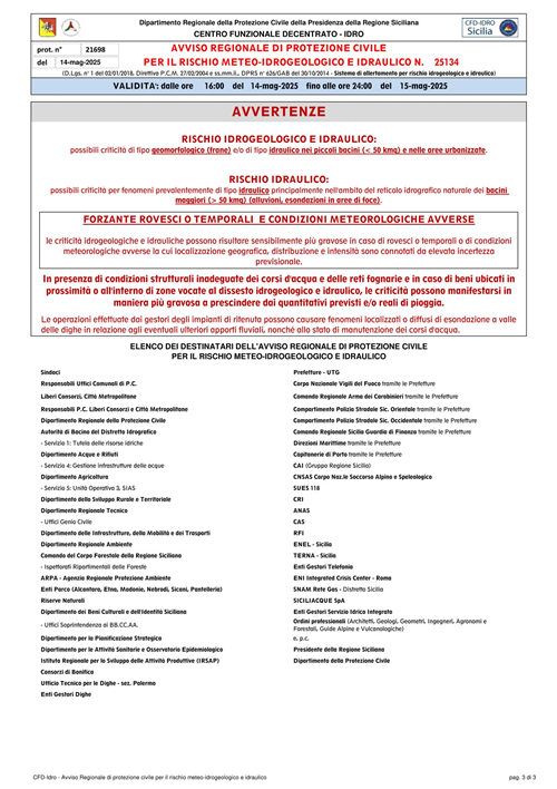 Avviso regionale di Protezione civile per il rischio mete-idrogeologico e idraulico n. 25134