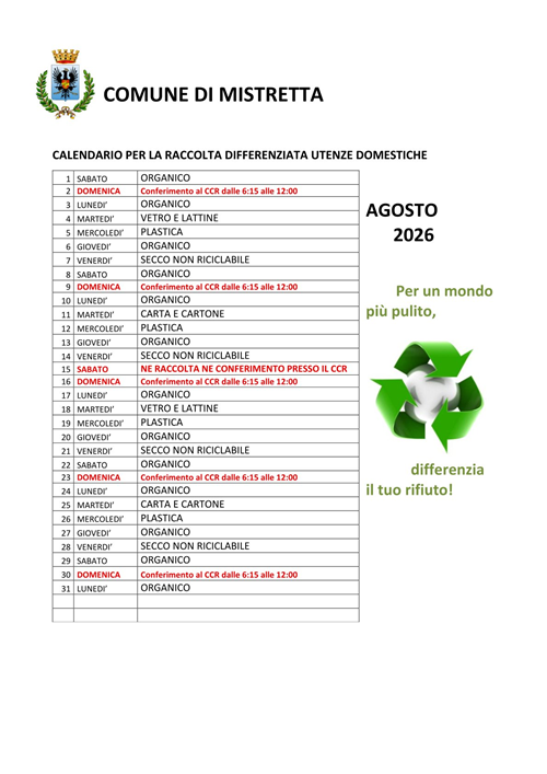 Calendario per la raccolta differenziata utenze domestiche  -  Dal mese di Agosto a Dicembre 2026