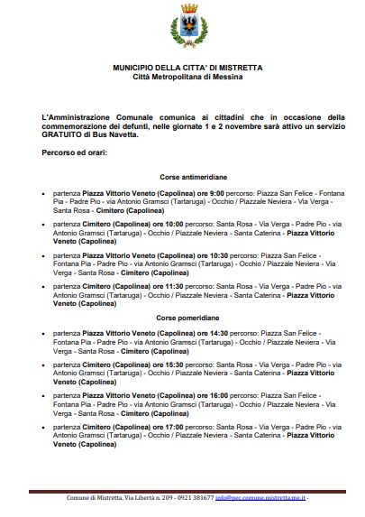 Servizio gratuito bus navetta cimitero.