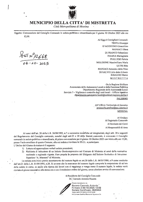 Avviso di convocazione Consiglio Comunale in seduta pubblica e straordinaria per il giorno 10 Ottobre alle ore 12,00.